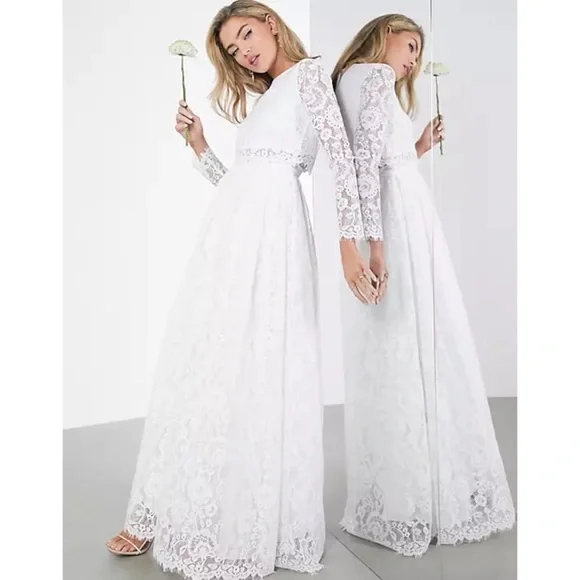 ASOS BRIDAL EDITION Grace Lace Long Sleeve Crop Top Maxi Wedding Dress - Picture 1 of 16